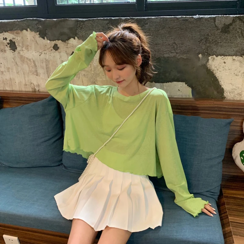 Casual Korean Vogue Women Solid Chiffon Tops And Blouses Ladies Vintage O-Neck Long Sleeve Loose Short Shirts Blusas Mujer