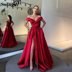 SoDigne Red Evening Dresses Sexy High Side Split Off Shoulder Evening Gowns With Pockets Sweetheart Formal Prom Dresses