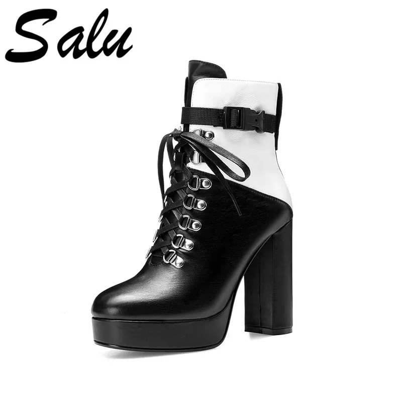 

Salu Women Ankle Boots Genuine Leather Platform Autumn Winter Female Zipper Boots Round Toe High Heels Black