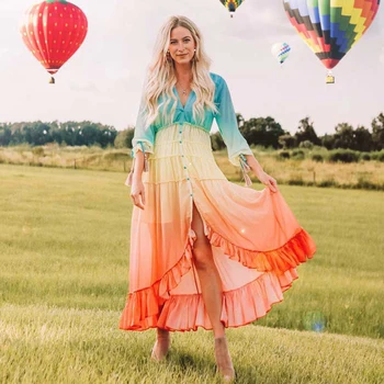 

Gradient Asymmetric Maxi Dress Women Ruffle Long Sleeve Deep V neck Sexy Vestidos 2020 Beach Hippie Vintage Long Dress Boho