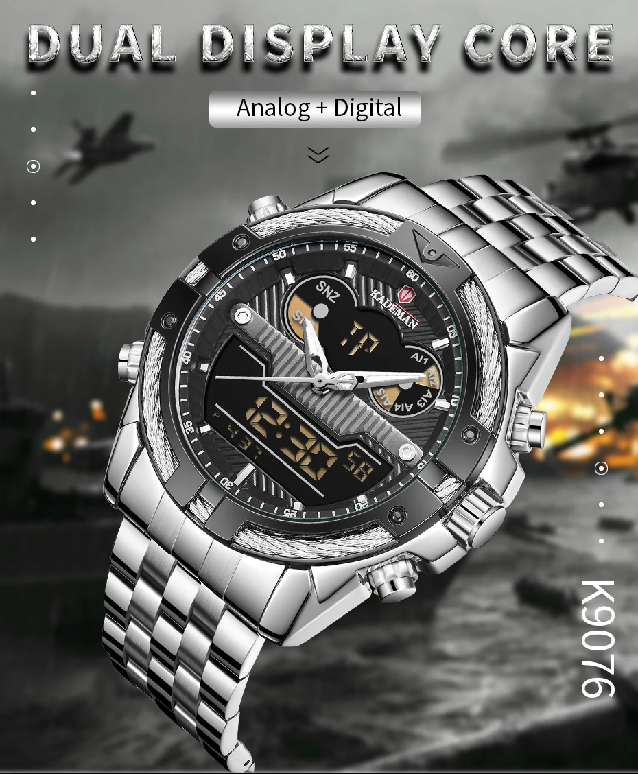 KADEMAN Gold Watch Men Dual Display Wristwathes Stainless Steel Digital Quartz Sport Men's Watches 2021 Luxury Brand Waterproof