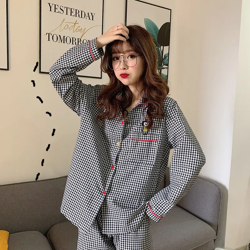 

Ladies Pajamas Set Plaid Cardigan Long Sleeve Pajamas Two-piece Sweet and Cute Comfortable Homewear JJF0035