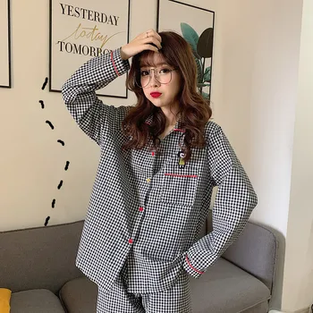 

Ladies Pajamas Set Plaid Cardigan Long Sleeve Pajamas Two-piece Sweet and Cute Comfortable Homewear JJF0035
