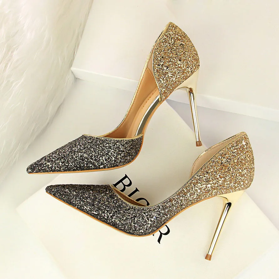 Женщины 9 см блестящие туфли на высоком каблуке с пайетками ботинки сандалии женский цвет серебристый, Золотой Escarpins; женские вечерние свадебные Scarpins Talons обувь - Цвет: Золотой