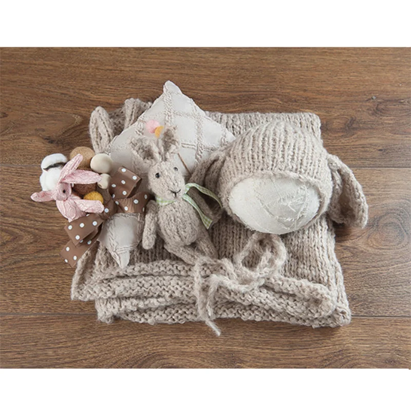 Baby Photo Background Hand-knitted Hat Pad Blanket Wrap Styling Pillow Combination Props Flokati Newborn Studio Shooting Props