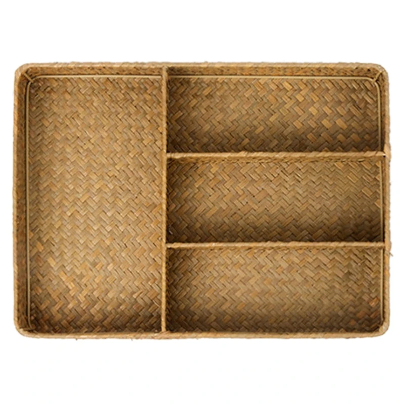 

Handmade Straw Woven Storage Box Sundries / Tableware / Cosmetics Natural Multi-Function 4 Slot Kitchen / Office Organizer
