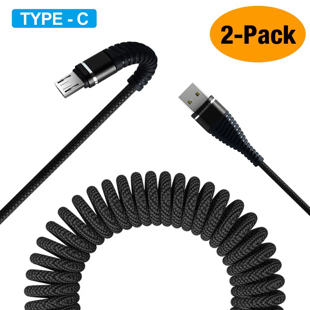 

2pcs USB Type C Cable for Car, Baseus Retractable USB C Cable Curly USB A to USB-C Fast Charger Devices for Samsung Galaxy S10