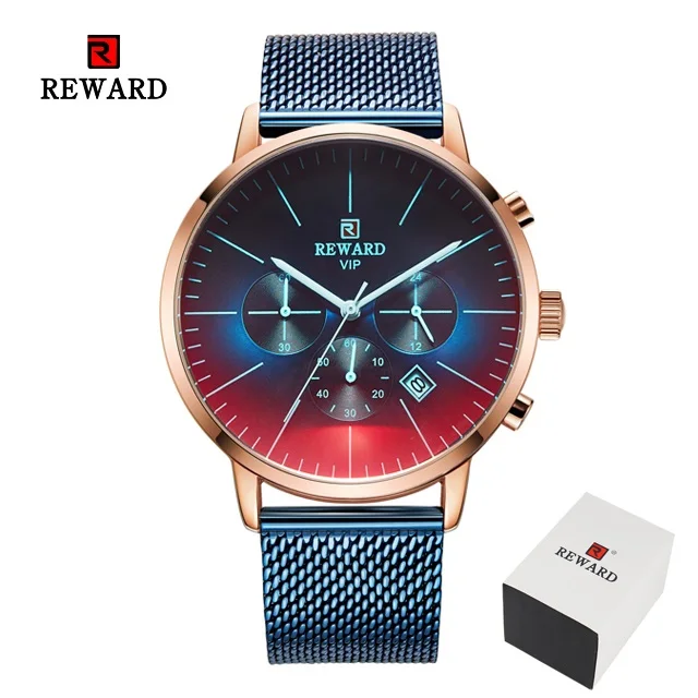 Steel Blue Box Новинка, Модные Цветные часы с ярким стеклом для мужчин, топ класса люкс, Брендовые мужские часы с хронографом из нержавеющей стали, деловые часы, мужские наручные часы - Цвет: Steel Blue Box