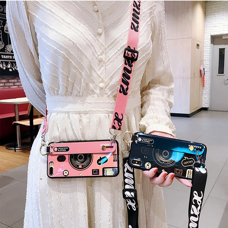 

3D Blue Ray Retro Camera lanyard Wrist Strap Case For iphone 7 Case Soft Silicon XR XS MAX X 8 7 6 plus Grip Stand Holder Cover