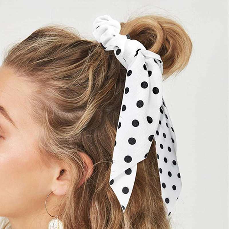 2022 Bohemian Polka Dot Floral Printed Bow Hair Scrunchies  Women Elastic Hair Band Ponytail Scarf Ribbon Hair Ties Accesories head accessories female