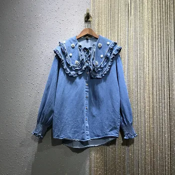 

European Goods 2020 Spring New Retro Lace Lapel Rhinestone Beaded Court Lantern Sleeve Thick Denim Shirt Women's Denim Blouse