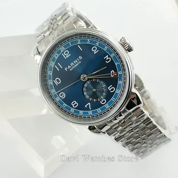 

PARNIS Watch Clock New 42mm Silver Polished case blue dial steel strap date GMT automatic mens watch