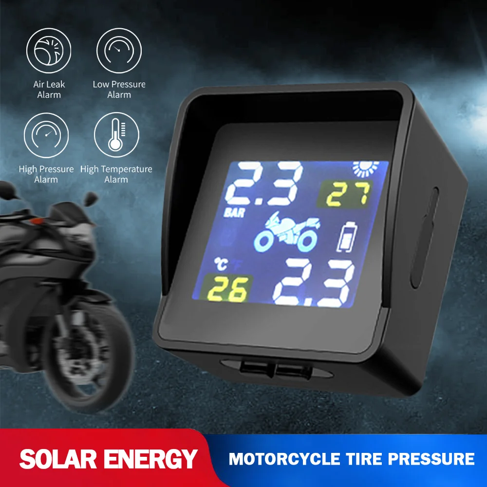 

Waterproof Solar Motorcycle Tire Pressure Sensor Tire Temperature Alarm Wireless LCD Color Screen Real-time Display USB Charge
