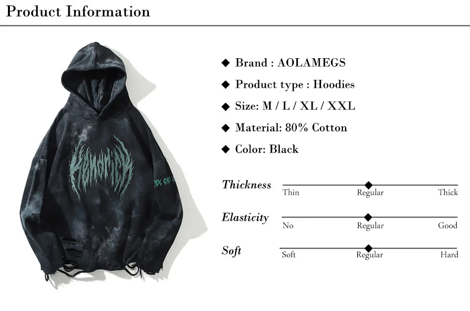 Aolamegs Hoodies Men Retro Broken Hole Hoodie Pullover Baggy Tops Casual Hip Hop Retro Style Sweatshirt High Street Streetwear