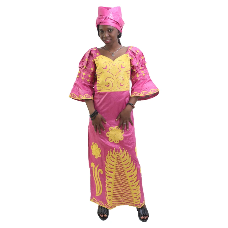 MD African Traditional Dress Women Bazin Riche Ankara Maxi Dresses Nigerian Wedding Embroidery Dashiki Dress With Headtie Turban