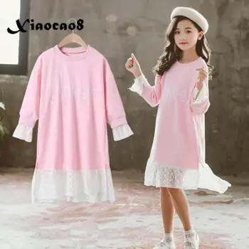 

Girls dress long sleeve kids pink gray cotton dresses for girls autumn princess dress children patchwork clothing fits 5~16Year