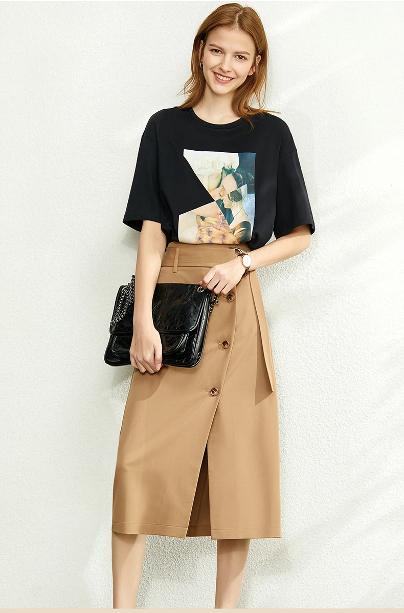 AMII Minimalism Summer Autumn Fashion Solid Aline Single-breasted Women Skirt Causal Belt Calf-length Female Skirt 12030047