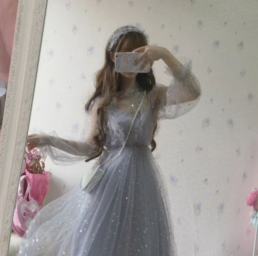 

Sweet lolita dress fairy wedding dress stars gray blue mesh princess victorian girl gothic lolita op dress kawaii loli cos