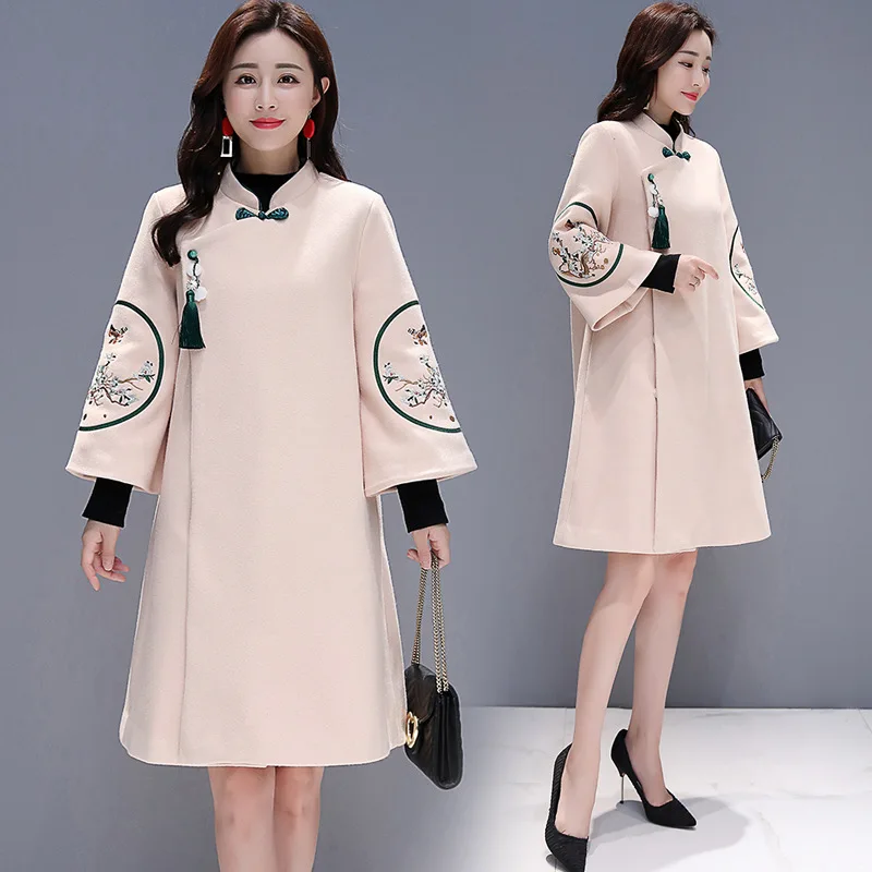 

2018 Winter Chinese-style WOMEN'S Dress Improved Cheongsam Chinese Costume Retro Chinese Clothing Woolen Winter Coat Overcoat 82