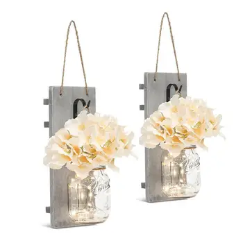 

2 Pack American Retro LED Wood Glass Mason Jar Fairy Light Wall Lamps with Flower for Home Restaurant Corridor Bar Wall Decor AC