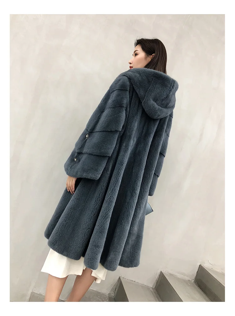 Real mink coat new winter style women length above the knee cap big skirt hem top fur