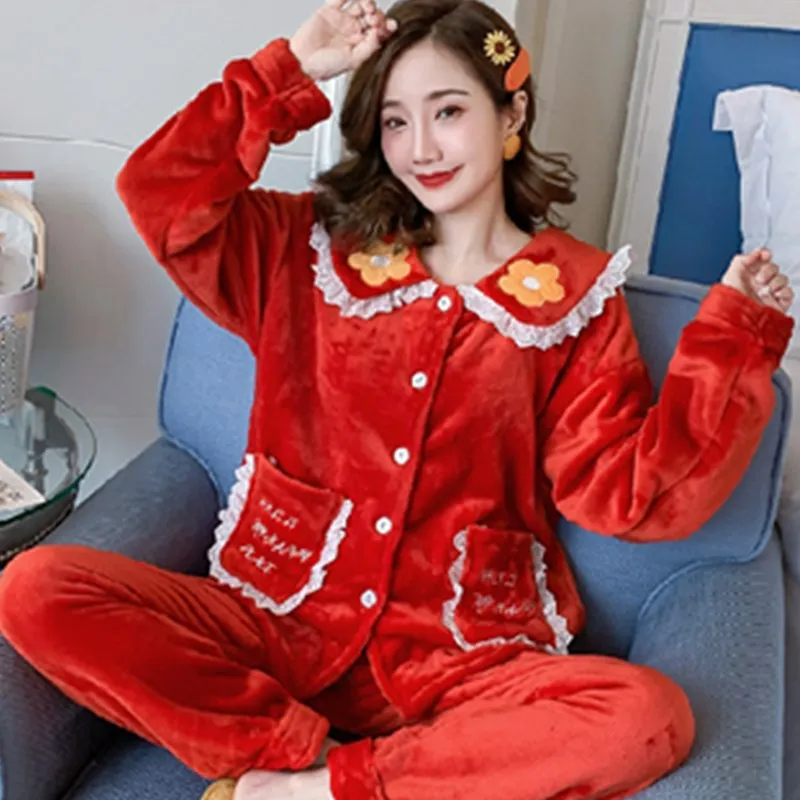 

Thickened Cashmere Autumn Winter Pajamas Women Coral Flannel Two-piece Ladies Home Service Suit Lounge Wear Pyjamas