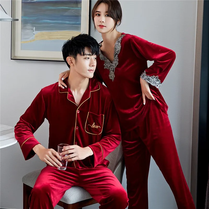 

Sleepewar Couple Velour 2PCS Pajamas Suit Loose Lapel Nightwear Autumn New Sleep Set Casual Soft Women Home Clothes Negligee