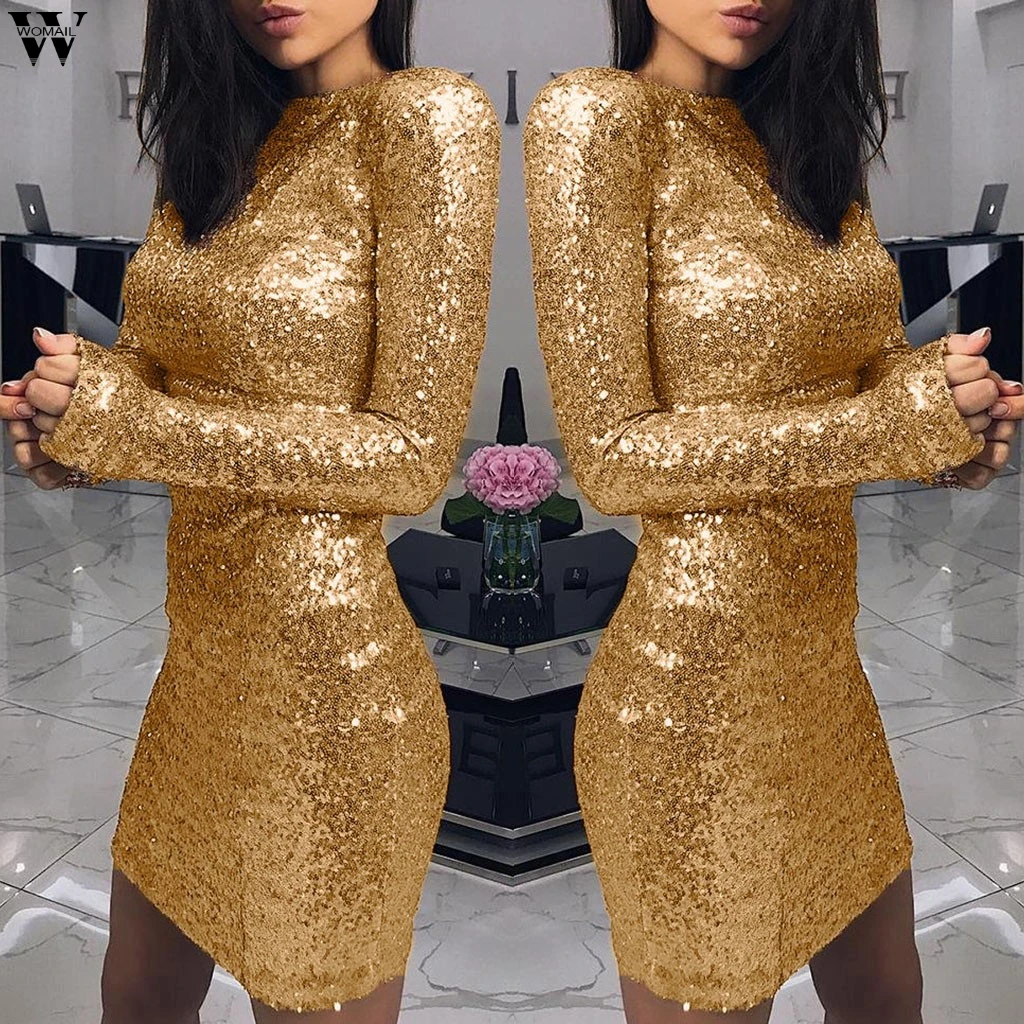 Ladies Formal Evening Party Sexy Sequin Club Short Dresses Sexy Vestidos Autumn Dresses Women Golden Sequins Bodycon Dress 9.4