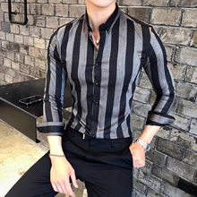 Новая модная мужская Осенняя тонкая рубашка из чистого хлопка с отворотом/Мужская Высококачественная в полоску Повседневная рубашка с длинными рукавами Tops