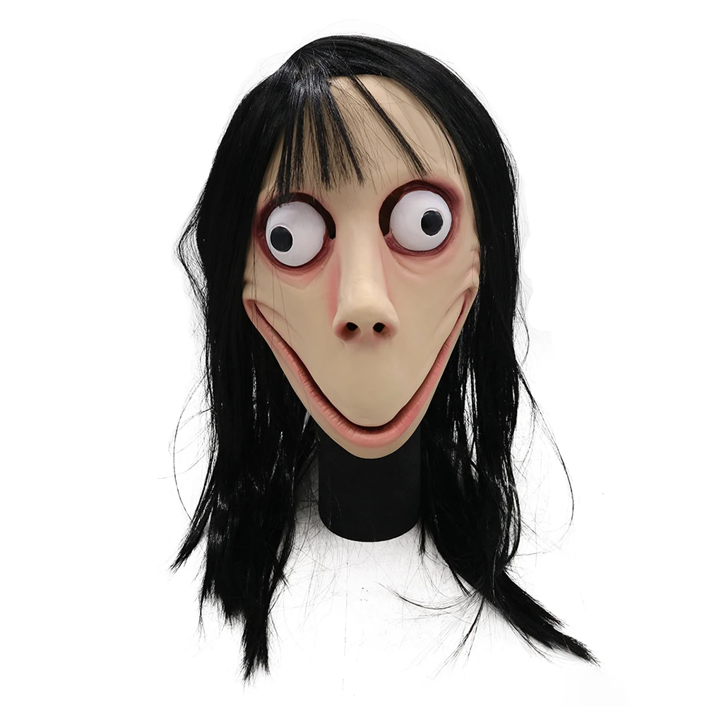 Scary Momo Mask Hacking Game Horror Latex Mask Full Head Momo Mask Big Eye With Long Wigs - Цвет: Черный