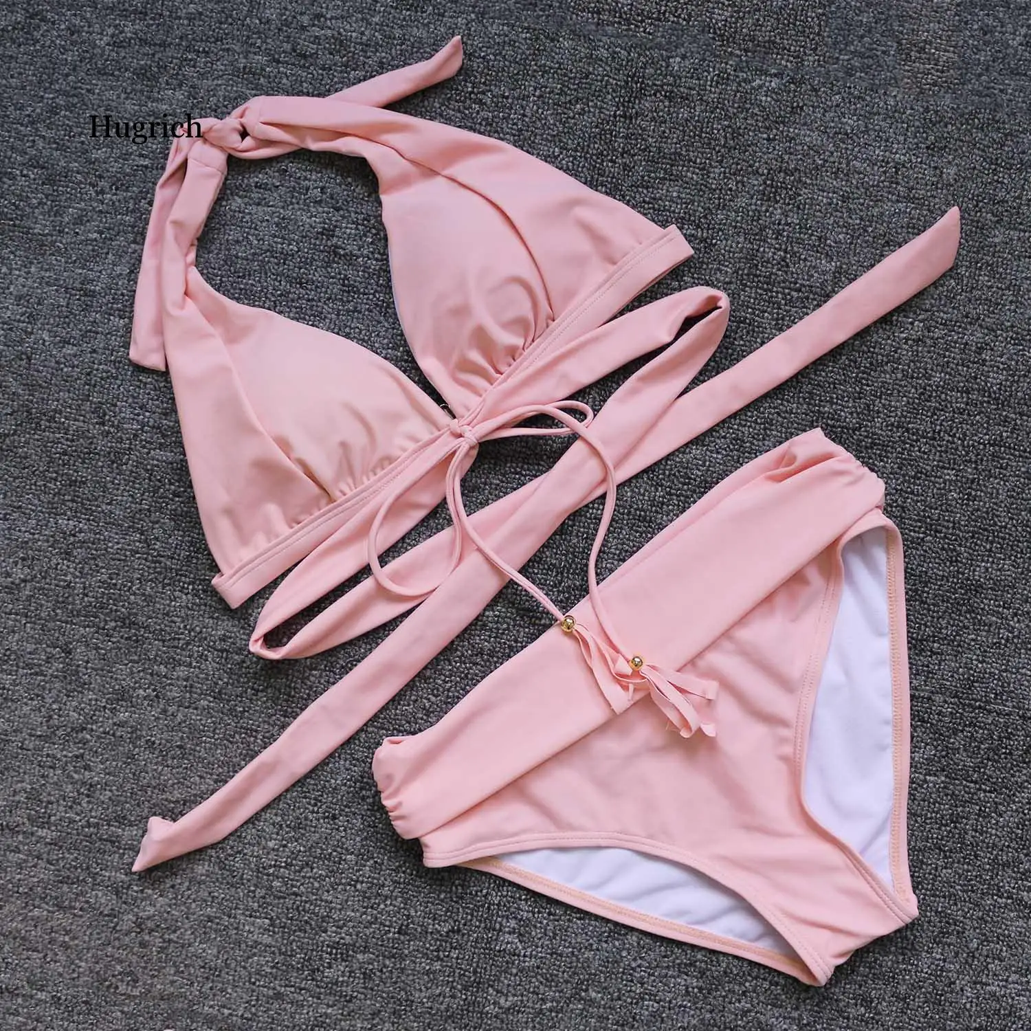 Sexy Pink High Waist Push Up Bikini 2020 Bandage Swimsuit Women Tassle Swimwear Beach Wear Swim Bathing Suit