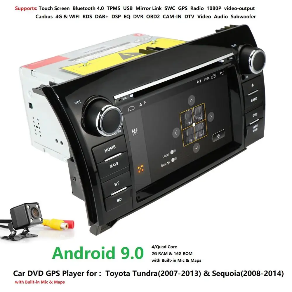 Clearance Android 9.0 Car DVD Player For Toyota Tundra 2007-2013/ Sequoia Stereo GPS DAB+SWC RDS DVR DVBT BT 4GWIFI CAM MAP QuadCore 2GRAM 2