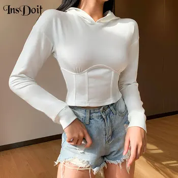 

InsDoit Women Autumn Casual White Hoodies Harajuku Punk Long Sleeve Corset Hoodies Streetwear Punk Bodycon Hooded Crop Tops