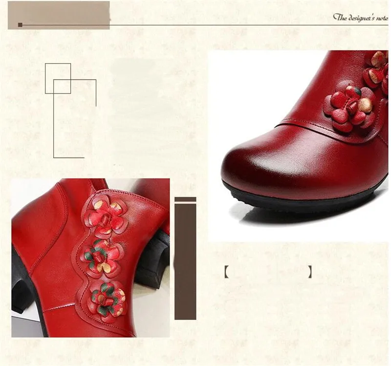 YAERNI Autumn Winter Shoes Woman Cow Leather Flower Shoes Comfort Med Heel Ankle Boots Genuine Leather Fashion Shoes women