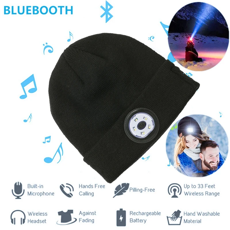 Bluetooth 5 0 LED Hat Built in Stereo Speakers Mic USB Rechargeable LED Lighted Knit Cap for Sports and Outdoors