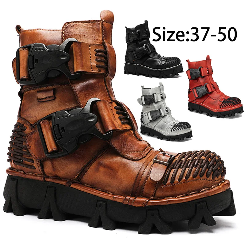 Men's Genuine Leather Motorcycle Boots Skull Gothic Punk Western Cowboy Boots Combat Mid-calf Safety Work Shoes Winter mens leather boots,motorcycle leather boots
