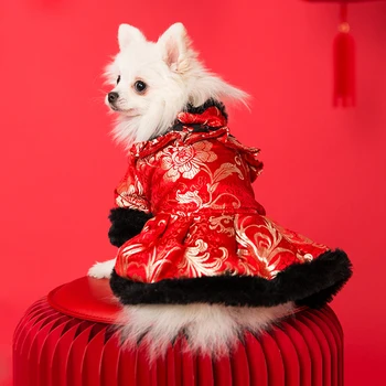 

Chinese New Year Dog Clothes Pet Tang Suit Cheongsam Winter Plush Dog Embroidery Coat Jacket Spring Festival Dogs Cats Costume