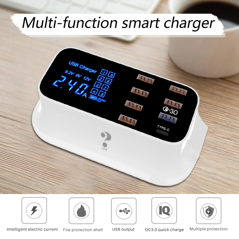

6 USB+1Type-c+1 QC3.0 digital display Quick charger for Samsung s8 s9 EU US UK Plug Smart Phone 2.4A Fast charger for iphone 7 8