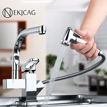 

Chrome Pull out Kitchen Faucet with swivel spout LED High pressure pull out sprayer 360 rotating spout Hot cold water mixer taps