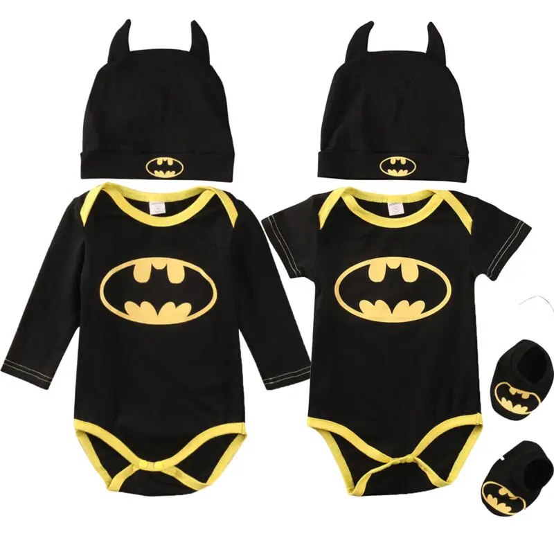 

3Pcs Newborn Baby Boy Fashion Batman Jumpsuit Cute Romper Bodysuit+Shoes+Hat Clothes Outfits Set 0-24M