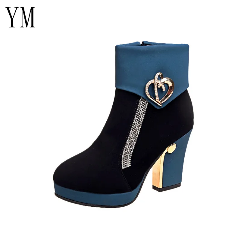 Tanie 2019 New Arrivals moda kobiety kostki buty z boku na zamek błyskawiczny na co dzień Faux Suede Patchwork okrągłe Toe grube szpilki szpilki kobieta