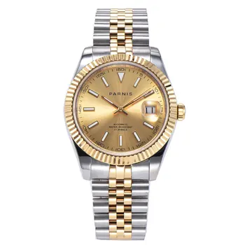 

Solid Parnis 39mm gold dial luminous marks deployment buckle sapphire automatic movement men's watch