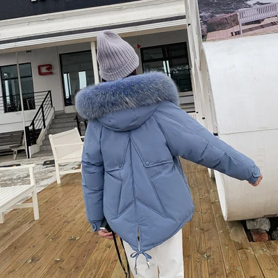 Big fur collar Parka Winter Jacket Women Coat Korea Loose Warm Cotton Padded Outerwear Solid Casual Female Hooded Coats - Цвет: Fog blue