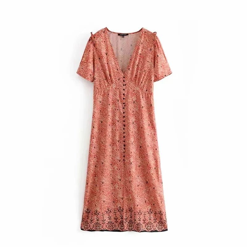 

women vintage print maxi dress V neck ruffles side zipper short sleeve female casual ankle length dresses vestidos