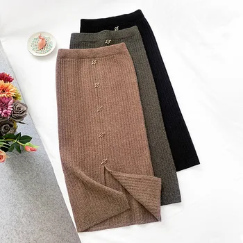 

Metal Button Rabbit Fur Knitted Skirt Women Soft Warm Winter Long Saias Female Office Split Skirt Casual Fashion Pencil Skirts