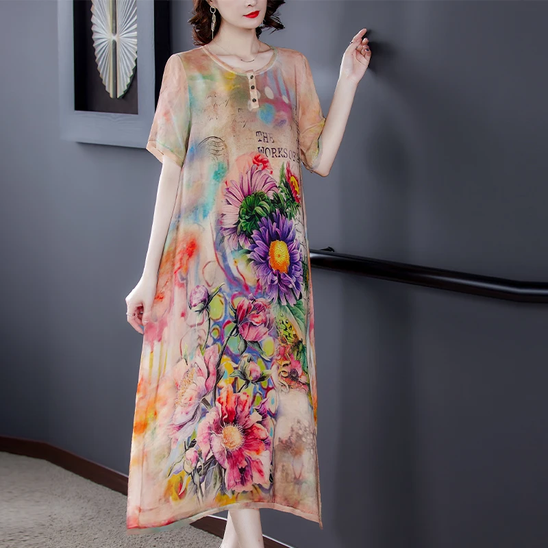 

ZUOMAN Summer Boho Floral Mulberry Silk Beach Midi Dress Elegant Bodycon Party Vestidos 2024 Women Casual Print 4XL Plus Size Su