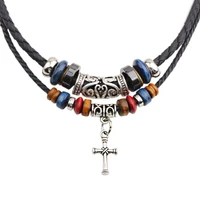 NIUYITID PU Leather Necklace Men Cross Tooth Pendant Jewelry Male Female Multilayer Charm Accessories