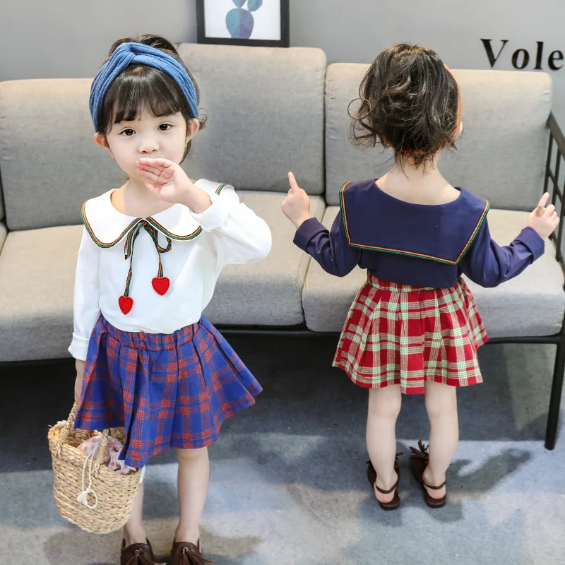 

Fashion Small CHILDREN'S Spring Clothing Plaid Skirt Set 2019 Girls Peter Pan Collar Long Sleeve Two-Piece Set CHILDREN'S Suit