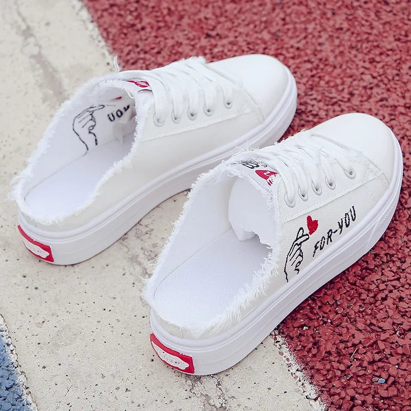 

2019 Spring New Style Korean-style Mesh Lace-up round-Toe Casual Slipper White Shoes Flat Sandals Women's