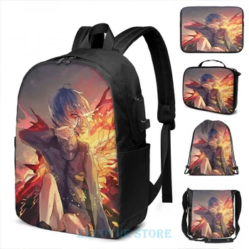 

Funny Graphic print Touka Kirishima USB Charge Backpack men School bags Women bag Travel laptop bag